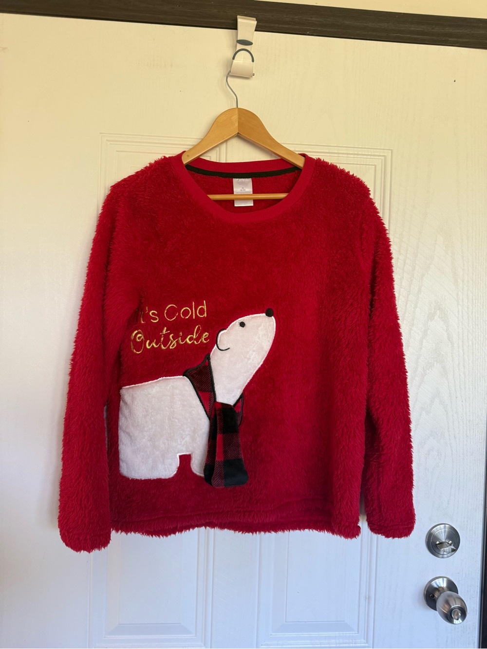 2 for $10 sale: Secret treasures Red fuzzy polar bear sweater "It's cold outside